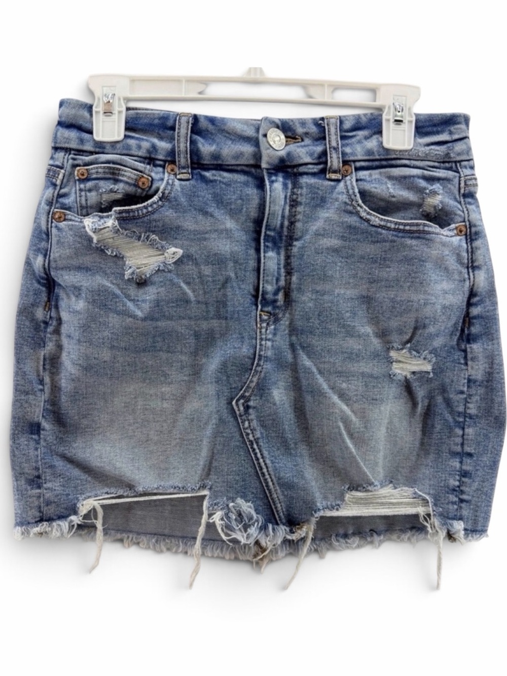 American Eagle Distressed Curvy Hi-Rise Denim Mini Skirt Size 8